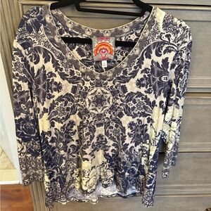 Johnny Was Navy and Cream Paisley Medallion Long Sleeve Top